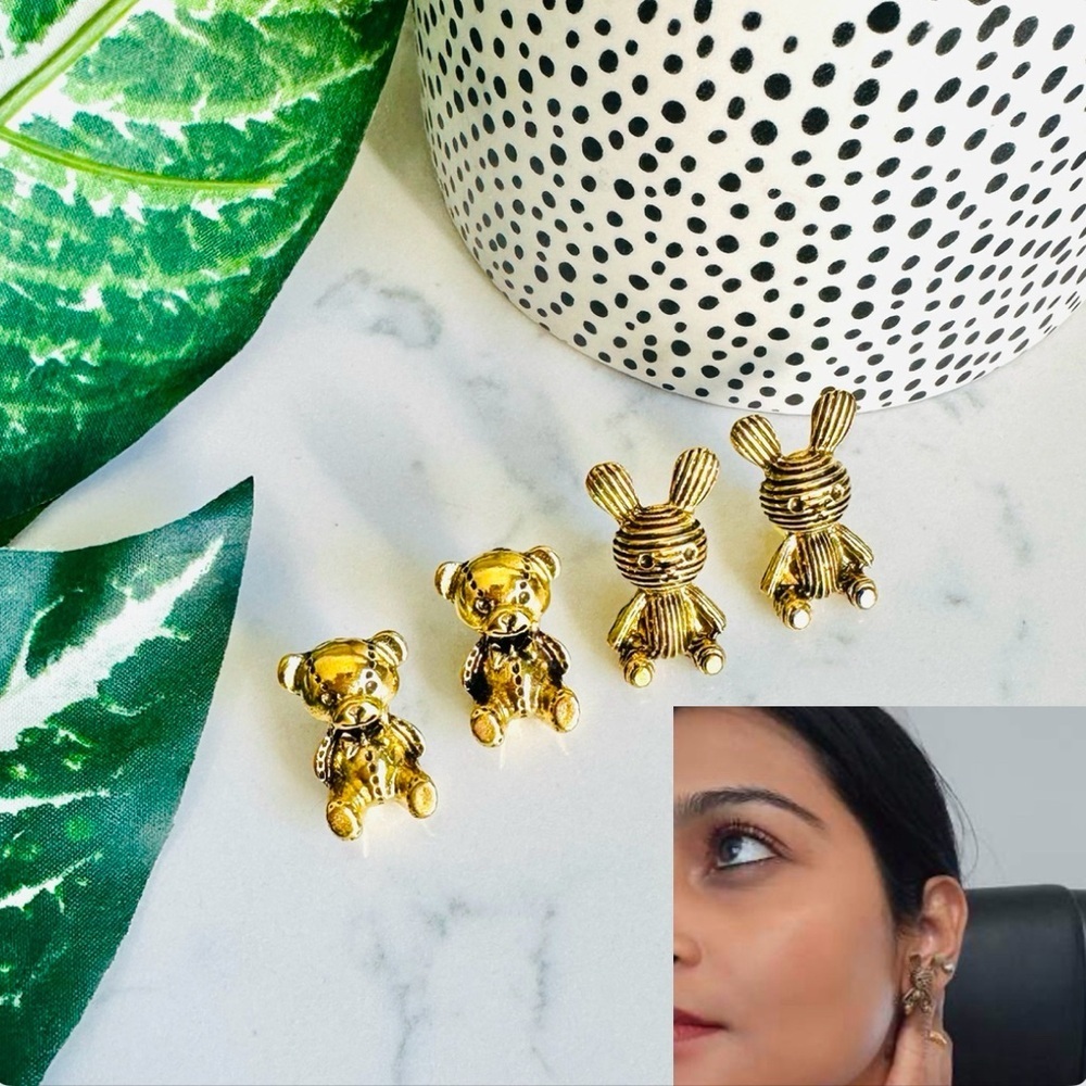 3/$22🩶 Gold Tone Bear & Bunny Stud Earrings Stuffed Animal Rabbit NEW Jewelry
